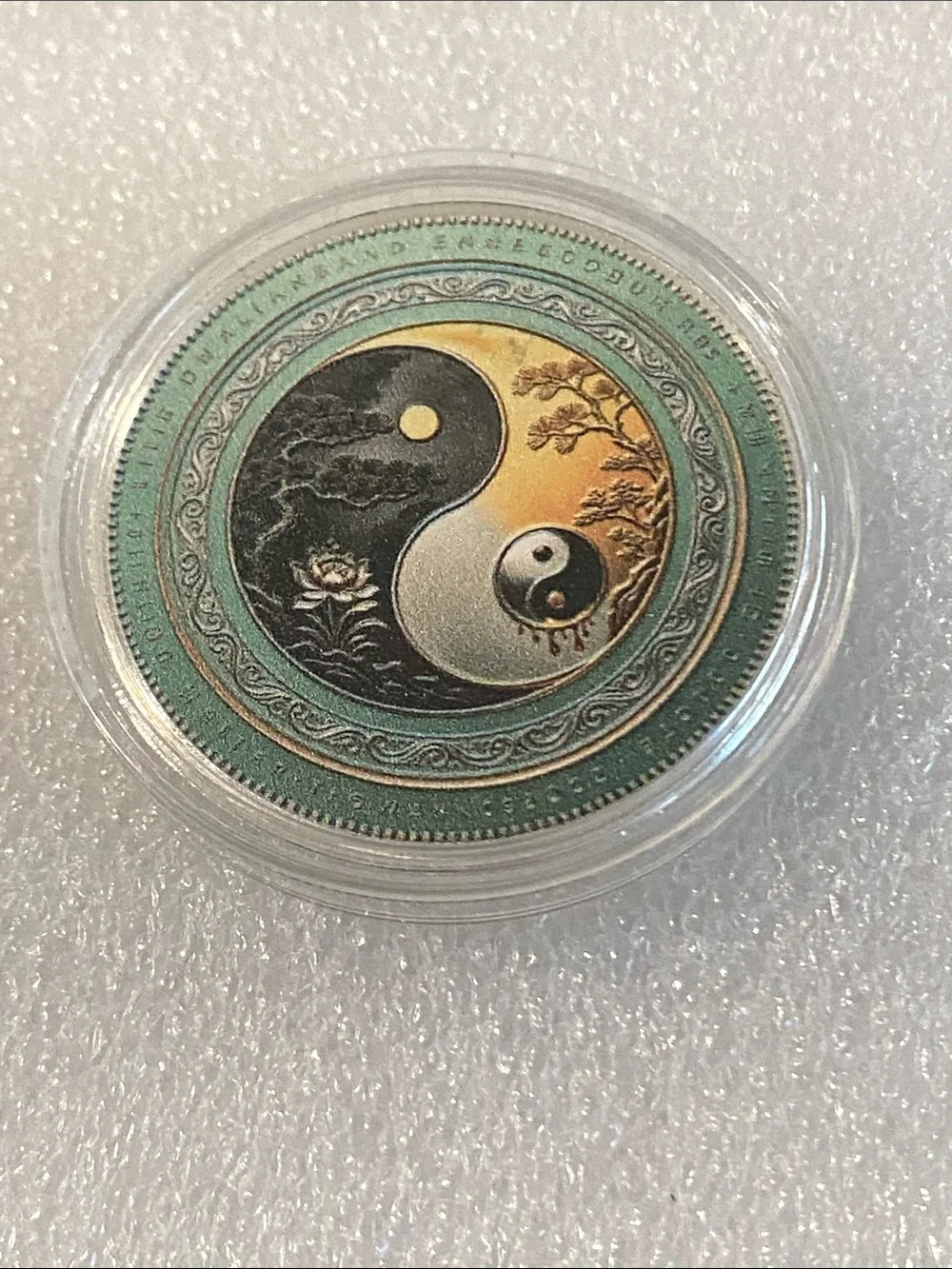 Yin Yang Decorative Coin - Teal, Gold, Black